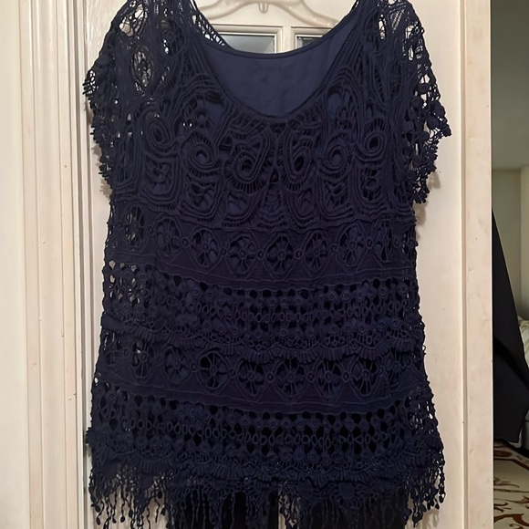 Ultra Pink Blue Crocheted Lined Top - Picture 2 of 6